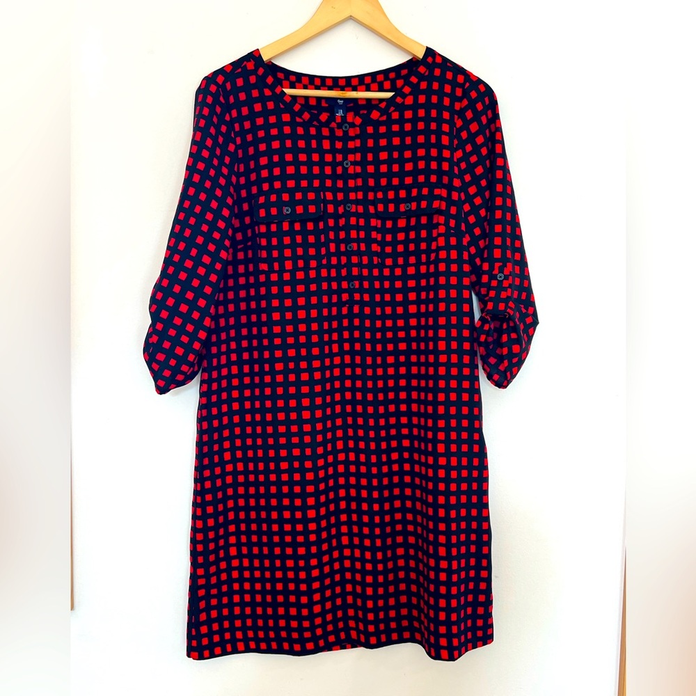✅Gap medium Red Black Buffalo Plaid Print Lightweight Button Pocket Dress Tunic
